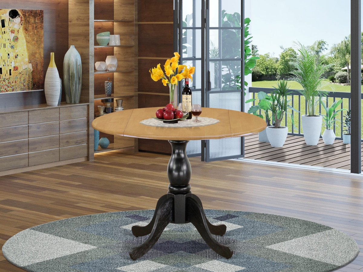 DST-OBK-TP Dining Room Table with Drop Leaves, Oak & Black - Oak Table Top & Black Pedestal Leg Finish