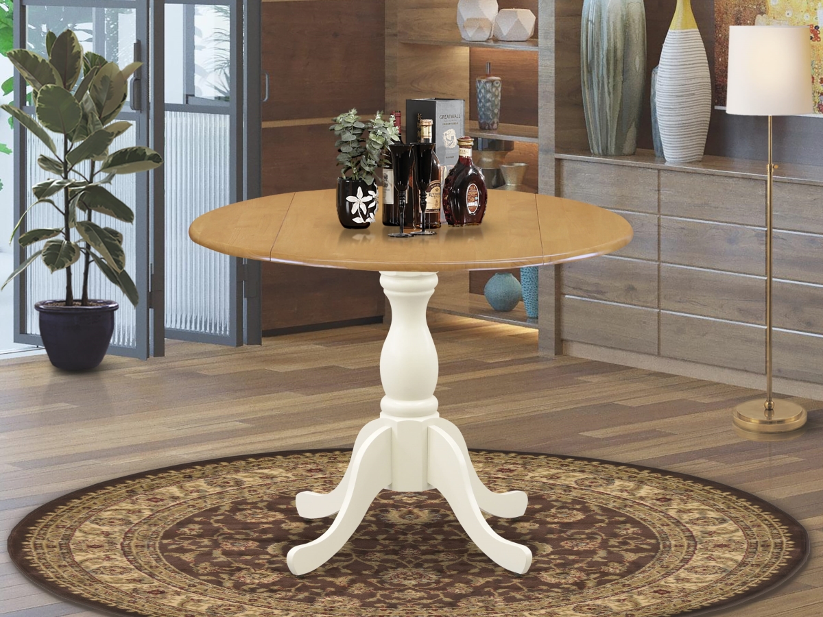 DST-OLW-TP Wooden Dining Table with Drop Leaves, Oak & Linen White - Oak Table Top & Linen White Pedestal Leg Finish