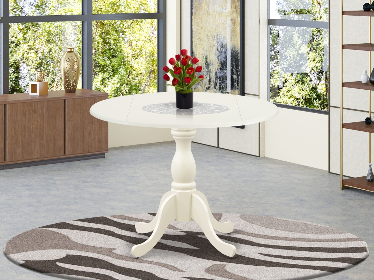 DST-WHI-TP Modern Kitchen Table with Drop Leaves, Buttermilk & Cherry - Linen White Table Top & Linen White Pedestal Leg Finish