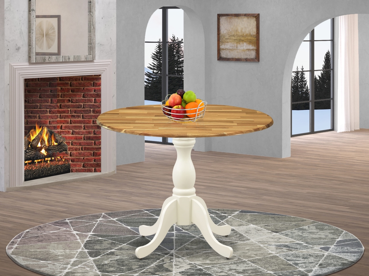 DST-NLW-TP Dining Room Table with Drop Leaves, Natural & Linen White - Natural Table Top & Linen White Pedestal Leg Finish