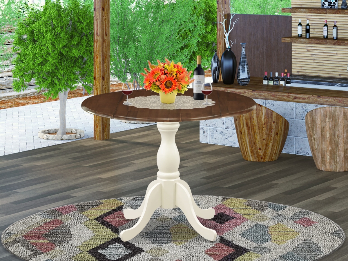DST-WLW-TP Kitchen Table with Drop Leaf, Walnut & Linen White - Walnut Table Top & Linen White Pedestal Leg Finish