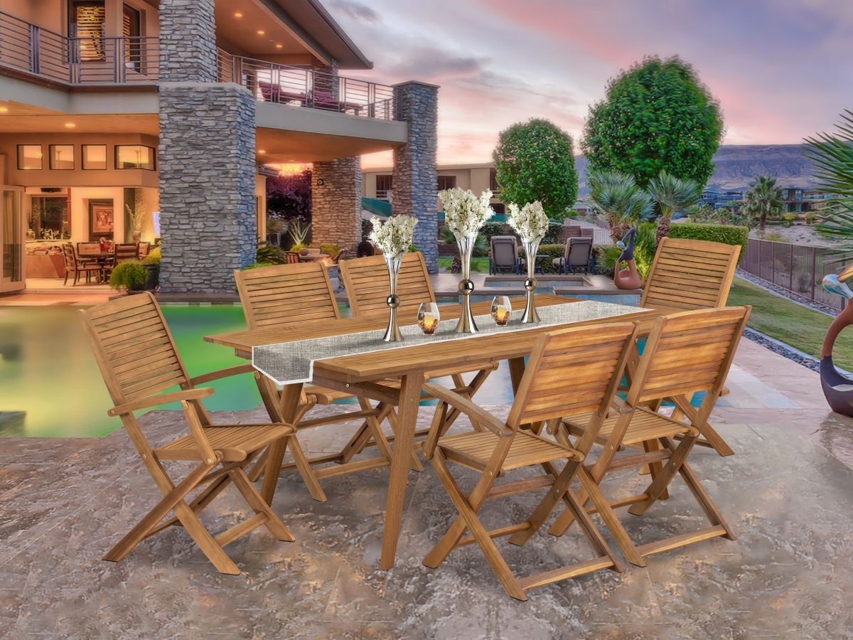 DEHD7CANA Patio Dining Set, Natural Oil - A Rectangle Acacia Wood Table & 6 Folding Arm Chairs - 4 x 72 in. - 7 Piece