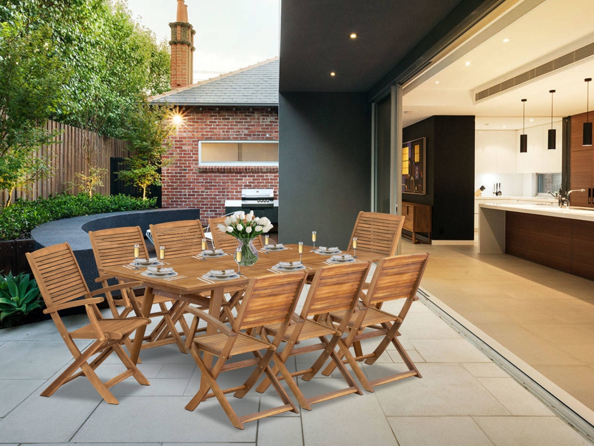 DEHD9CANA Outdoor Patio Dining Sets Contains A Rectangle Acacia Table & 8 Folding Arm Chairs, Natural Oil - 4 x 72 in. - 9 Piece