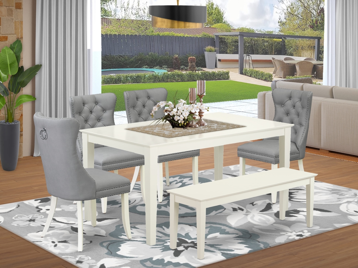 CADA6-LWH-27 Dining Room Set, Linen White - A Rectangle Kitchen Table & 4 Upholstered Chairs with A Bench - 6 Piece