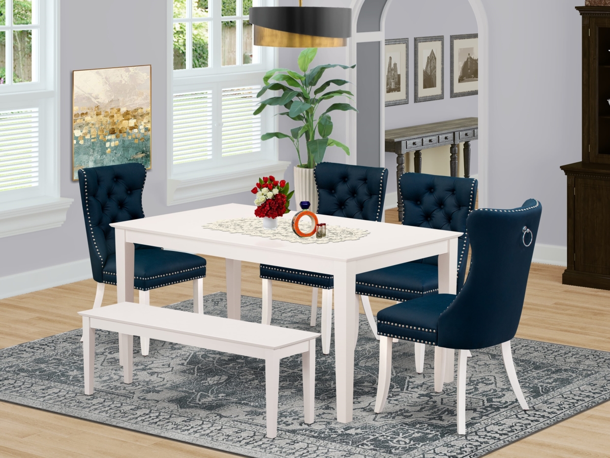 CADA6-LWH-29 Kitchen Table Set, Linen White - A Rectangle Dining Table & 4 Chairs with A Bench - 6 Piece