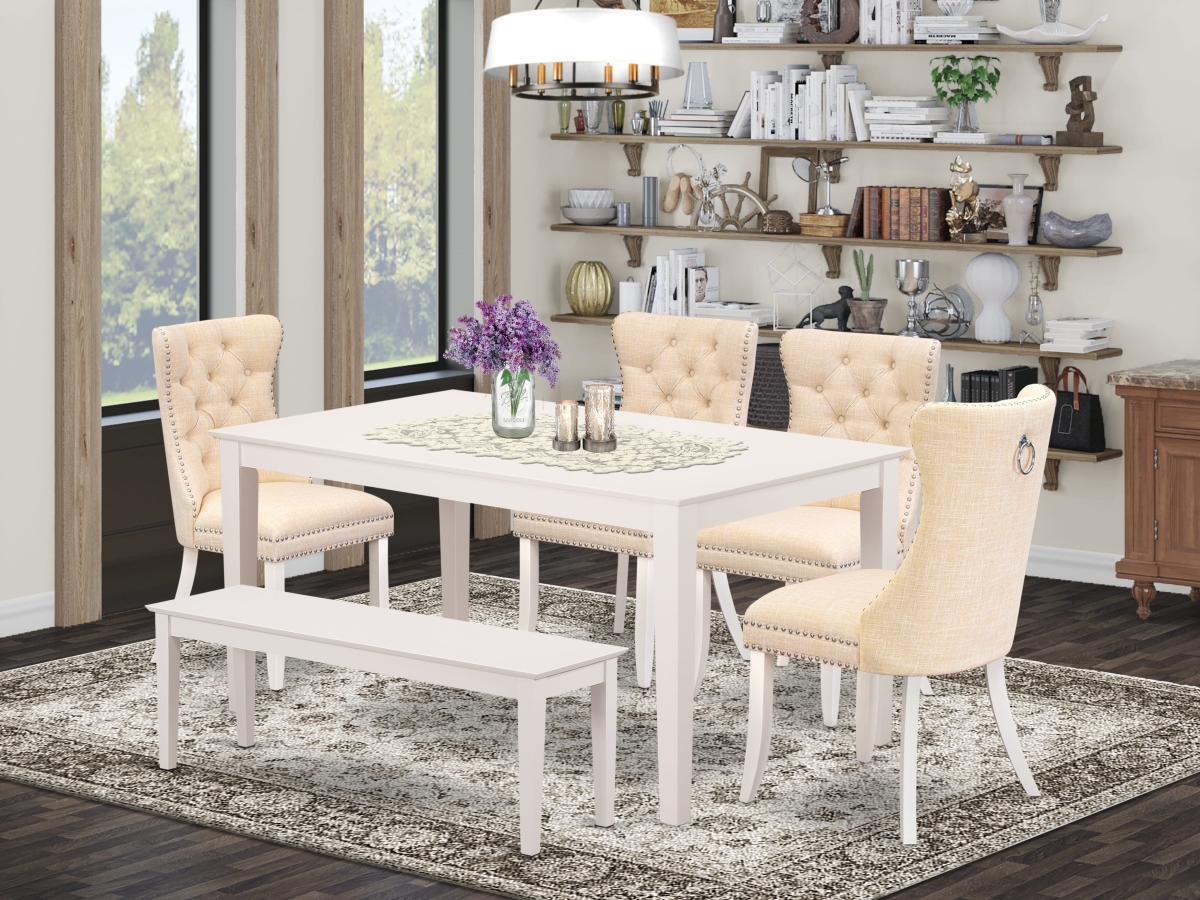 CADA6-LWH-32 Kitchen Table Set, Linen White - A Rectangle Dining Table & 4 Padded Chairs with A Bench - 6 Piece
