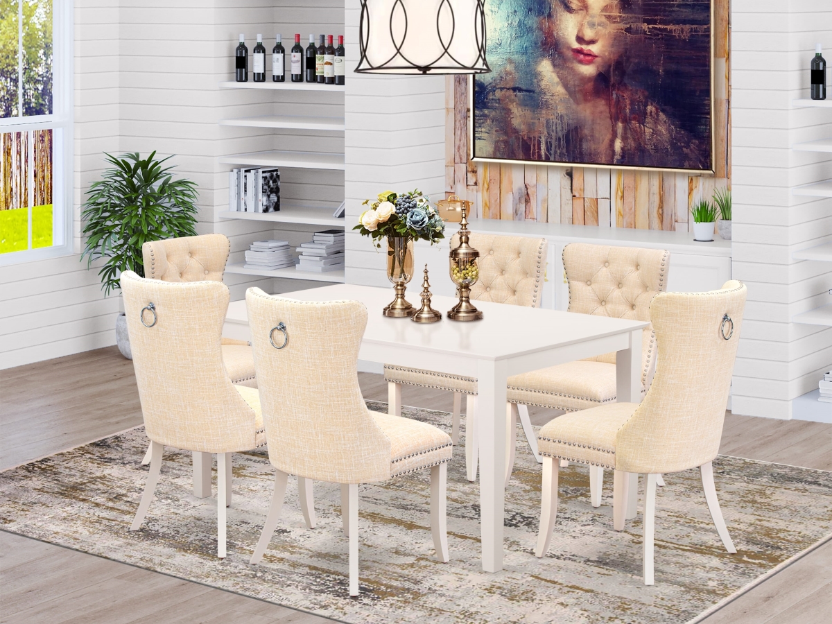 CADA7-LWH-32 Dining Room Set, Linen White - A Rectangle Solid Wood Table & 6 Upholstered Chairs - 7 Piece
