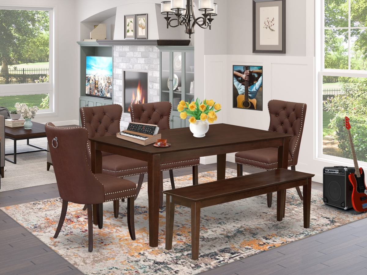 CADA6-MAH-26 Dining Room Set - A Rectangle Solid Wood Table & 4 Chairs with A Bench, Mahogany - 6 Piece