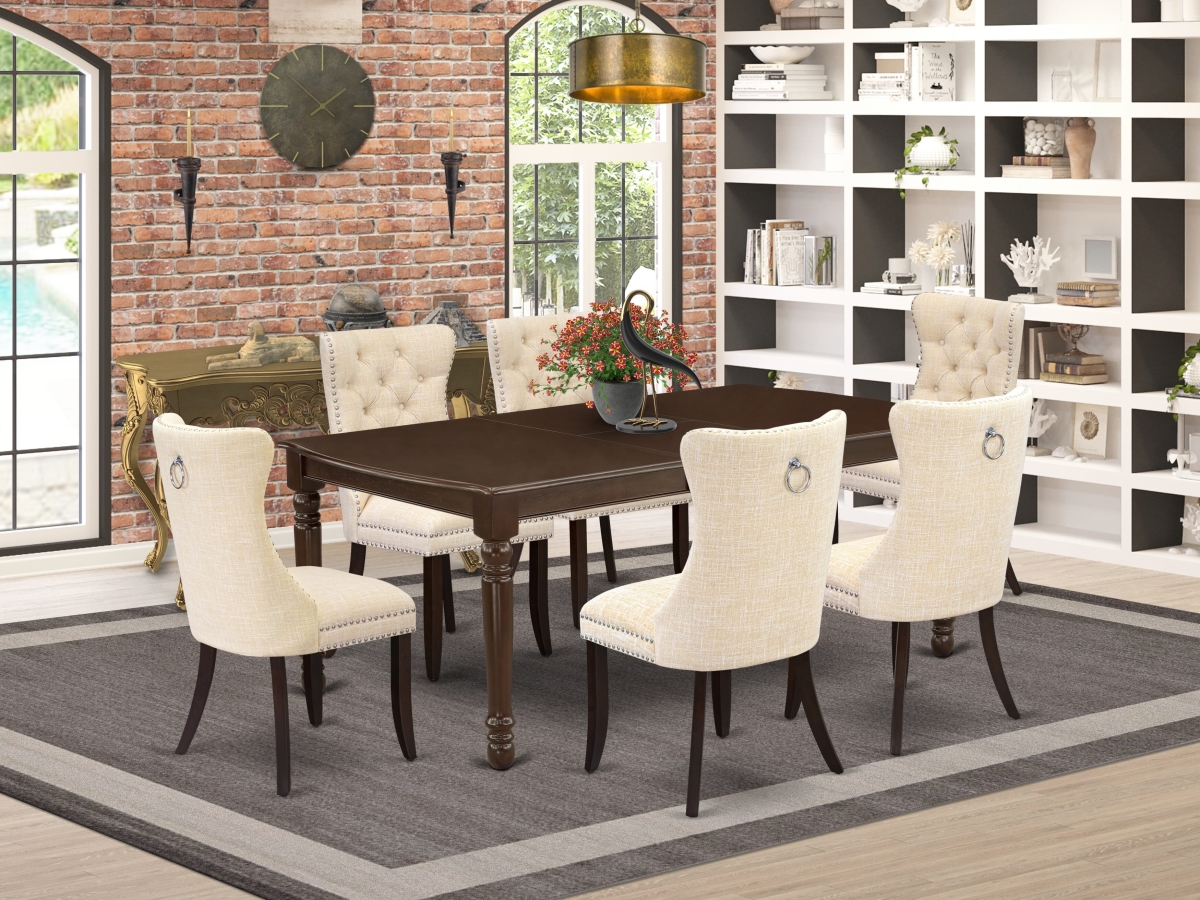 DODA7-MAH-32 Dinette Set, Mahogany - A Rectangle Dining Table with Removable Leaf & 6 Upholstered Chairs - 7 Piece