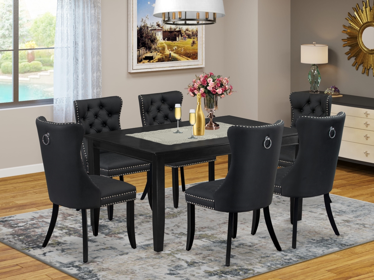 DUDA7-BLK-12 Kitchen Table Set with A Rectangle Dining Table & 6 Upholstered Chairs, Black - 7 Piece