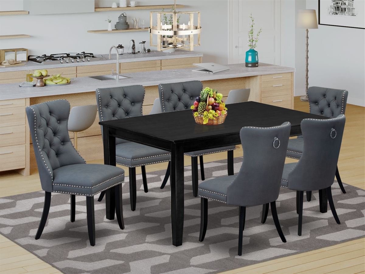 DUDA7-BLK-13 Dinette Set, Black - A Rectangle Kitchen Table & 6 Upholstered Parson Chairs - 7 Piece