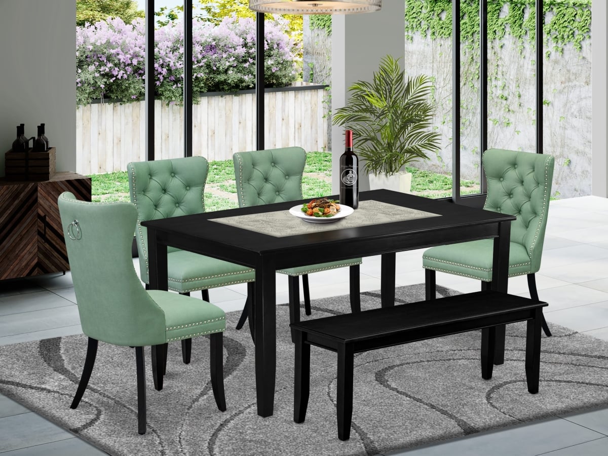 DUDA6-BLK-22 Dining Room Set with A Rectangle Solid Wood Table & 4 Chairs with A Bench, Black - 6 Piece