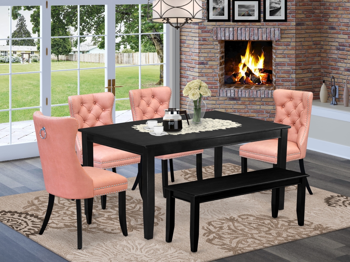 DUDA6-BLK-23 Dining Set with A Rectangle Kitchen Table & 4 Padded Chairs with A Bench, Black - 6 Piece
