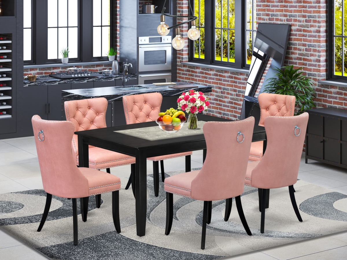 DUDA7-BLK-23 Kitchen Table Set, Black - A Rectangle Dining Table & 6 Upholstered Chairs - 7 Piece