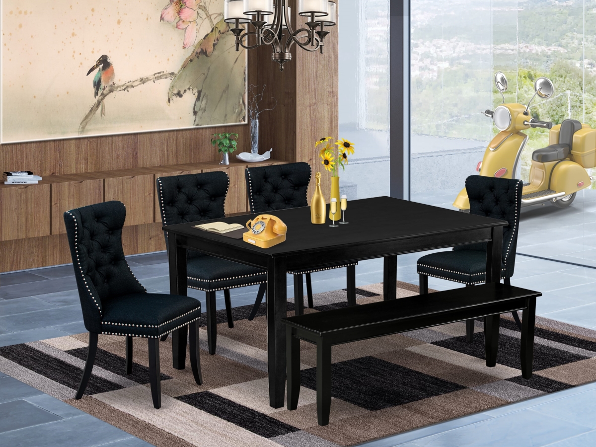 DUDA6-BLK-24 Dining Set, Black - A Rectangle Kitchen Table & 4 Padded Chairs with A Bench - 6 Piece