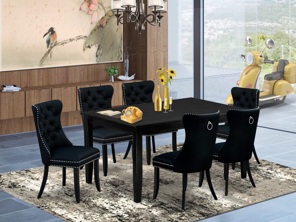 DUDA7-BLK-24 Dining Room Set, Black - A Rectangle Wooden Table & 6 Upholstered Parson Chairs - 7 Piece