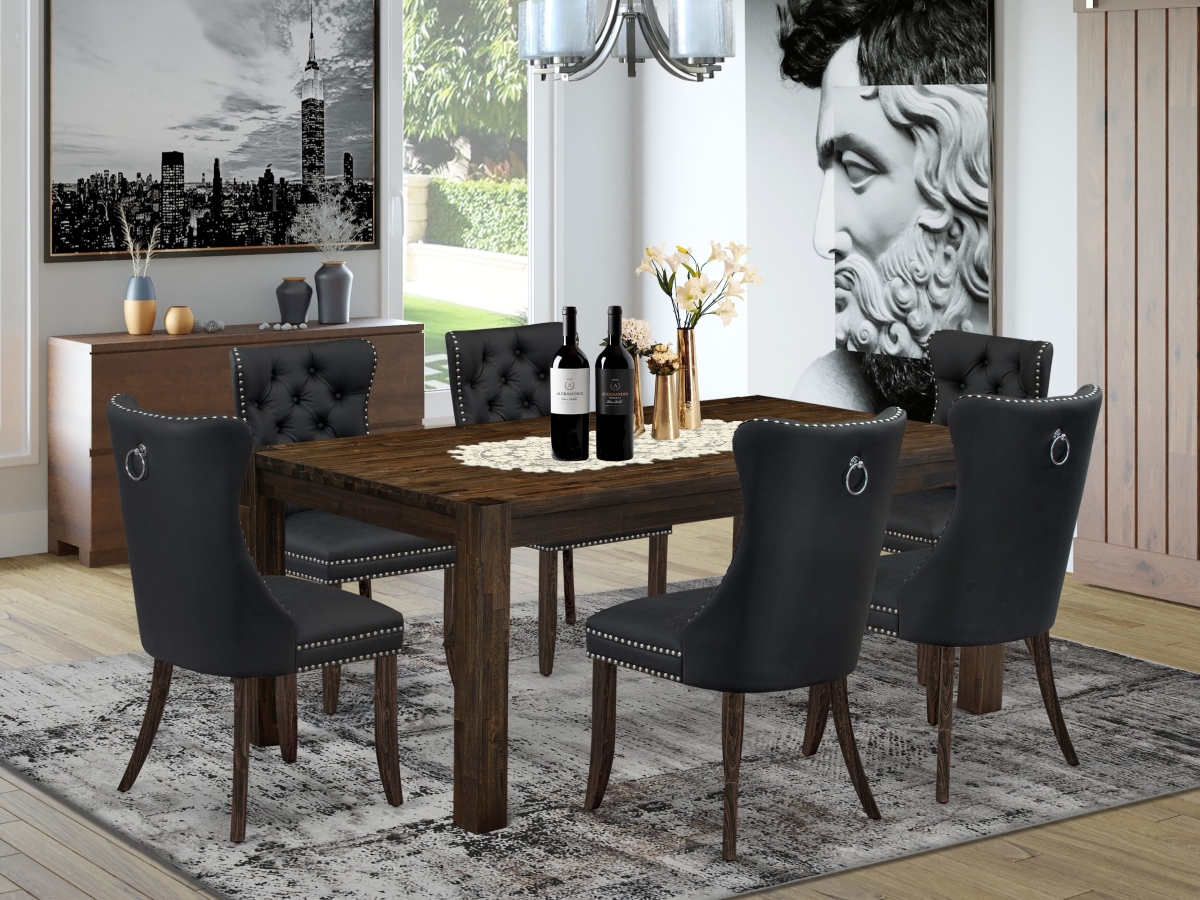 LMDA7-07-T12 A Rectangle Rustic Wood Dining Table & 6 Chairs Kitchen Table Set, Jacobean - 7 Piece