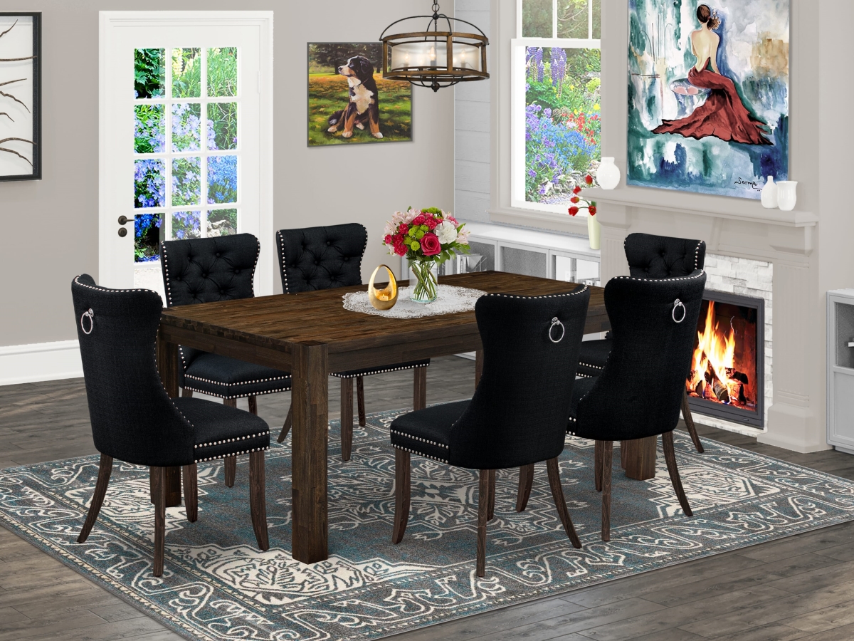 LMDA7-07-T24 Kitchen Set with A Rectangle Rustic Wood Dining Table & 6 Padded Chairs, Jacobean - 7 Piece