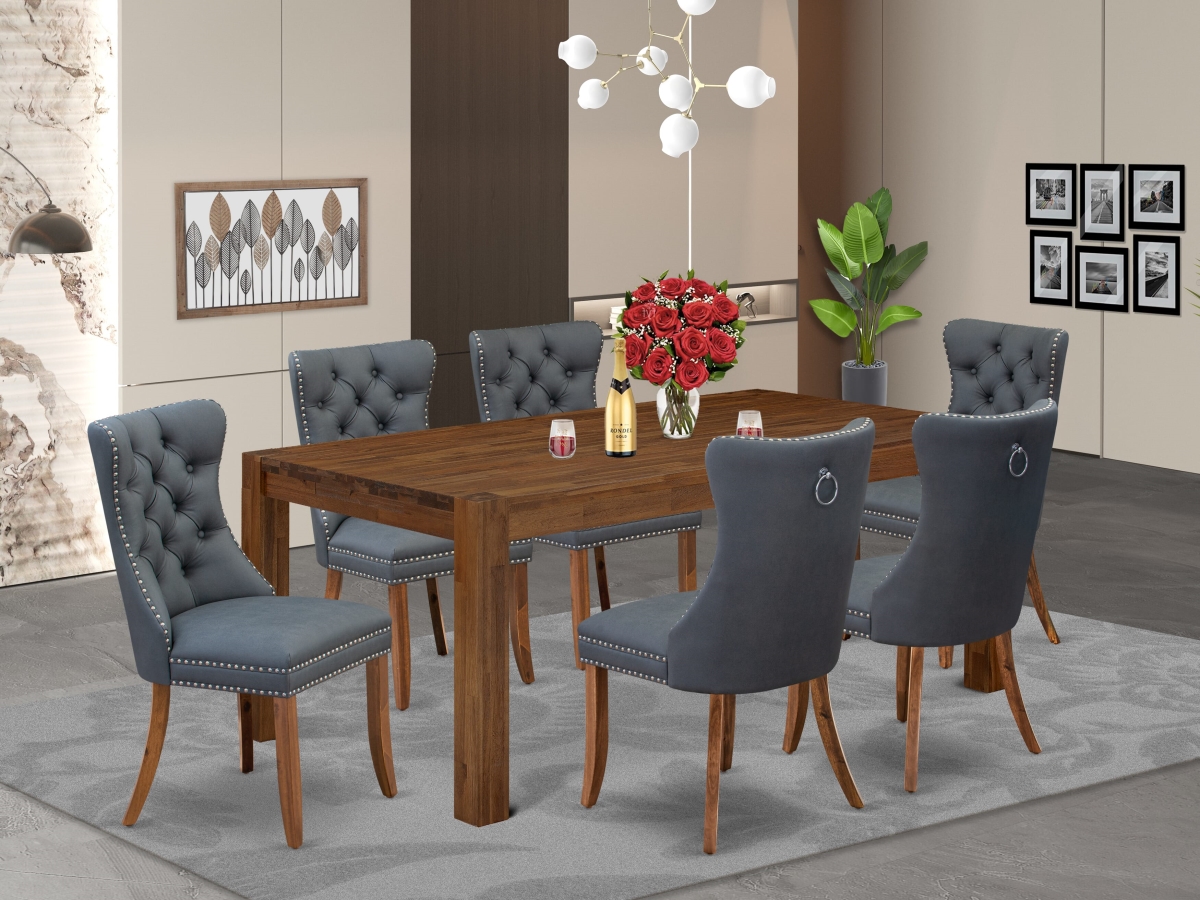 LMDA7-0N-T13 Kitchen Set - A Rectangle Rustic Wood Dining Table & 6 Chairs, Walnut - 7 Piece