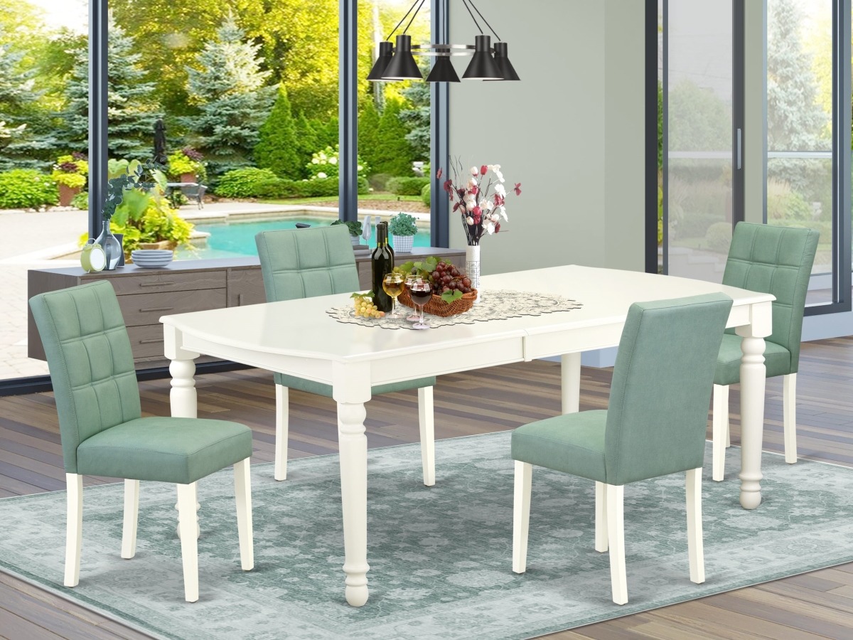 DOAS5-LWH-43 Modern Dining Set, Linen White - A Wooden Table & 4 Willow Green Faux Leather Parsons Chairs - 5 Piece