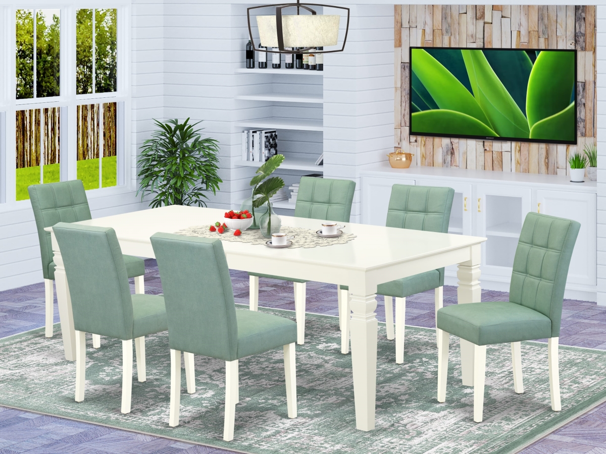 LGAS7-LWH-43 Dining Set Contain A Table & 6 Willow Green Faux Leather Mid Century Modern Dining Chairs, Linen White - 7 Piece