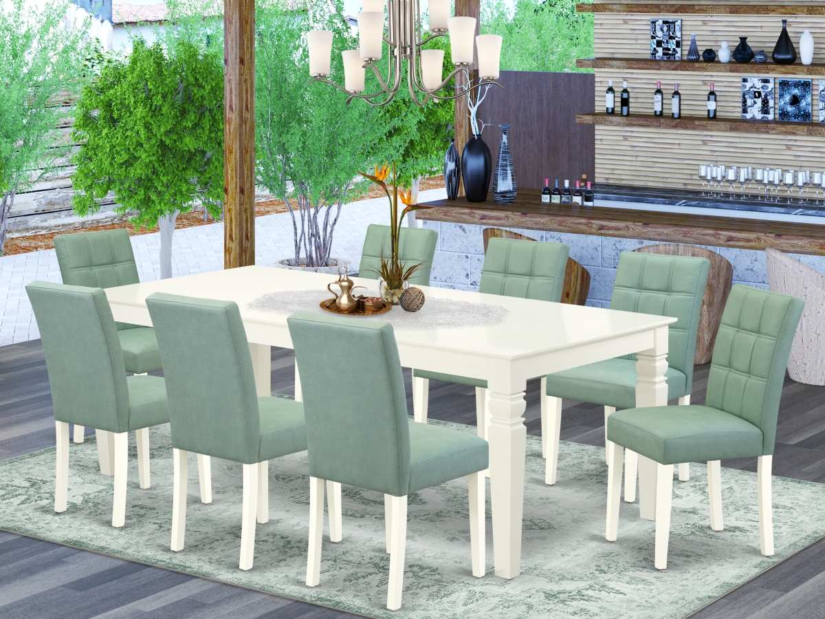 LGAS9-LWH-43 Dining Room Set, Linen White - A Dinner Table & 8 Willow Green Faux Leather Upholstered Dining Chairs - 9 Piece