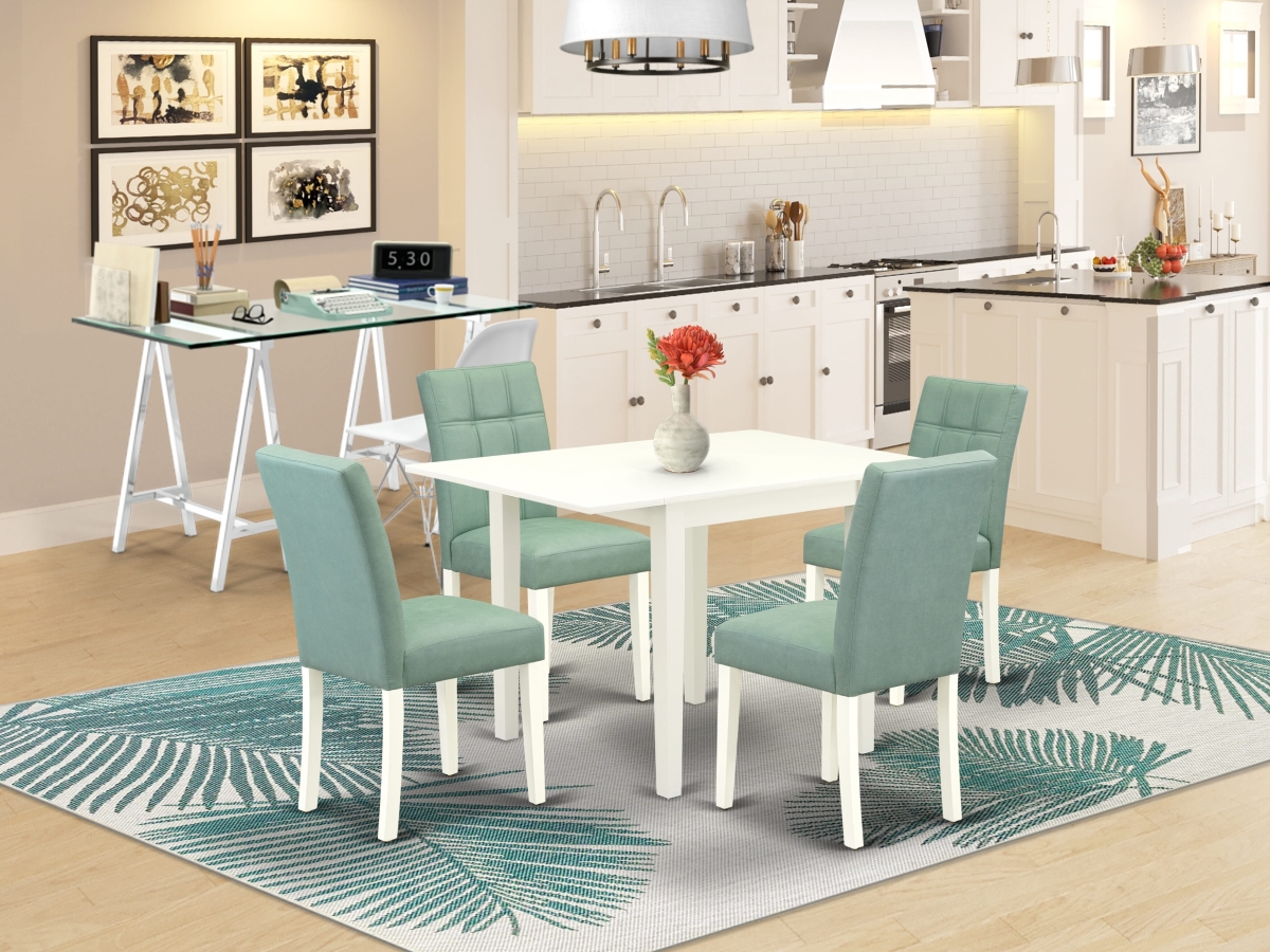 NDAS5-LWH-43 Mid Century Dining Set, Linen White - A Dining Room Table & Willow Green Faux Leather 4 Dining Chairs - 5 Piece