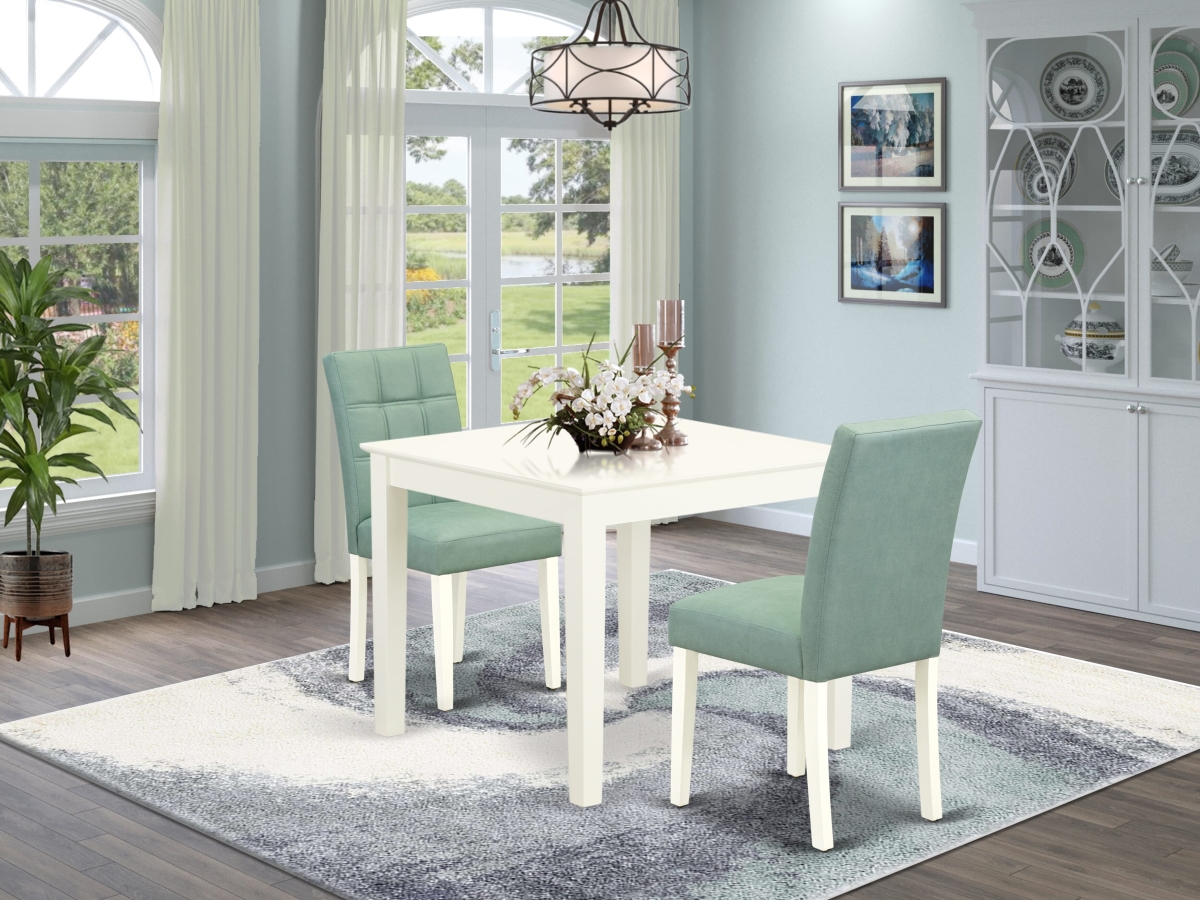 OXAS3-LWH-43 Mid Century Modern Dining Set Contain A Dinning Table & Willow Green Faux Leather 2 Dining Room Chairs, Linen White - 3 Piece