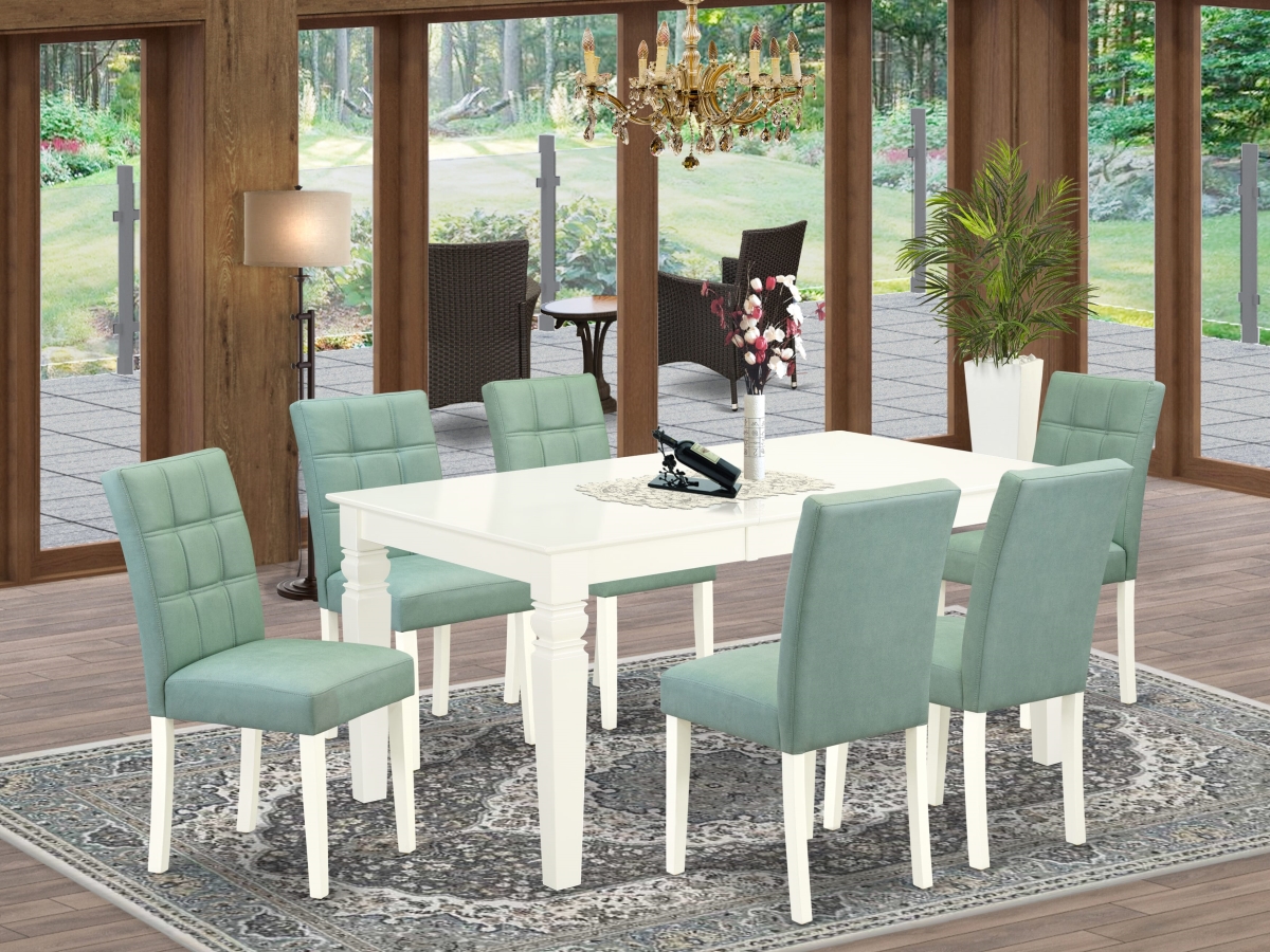 WEAS7-WHI-43 Modern Dining Set, Linen White - A Mid Century Modern Table & 6 Willow Green Faux Leather Parson Chairs - 7 Piece