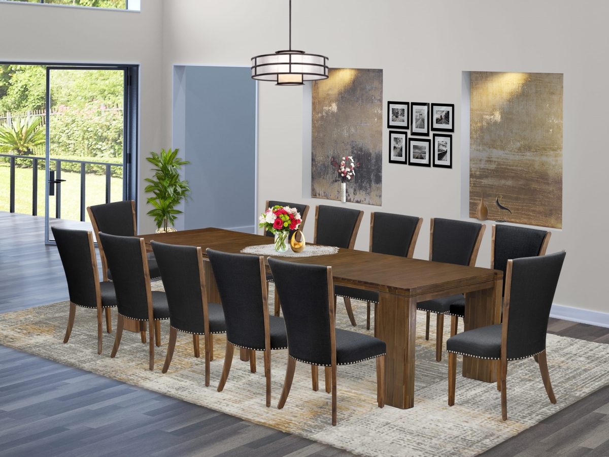 X12VE-008-24 Extendable Dining Set, Antique Walnut - A Rectangle Xtenczar Dining Table & 12 Black Linen Fabric Dining Chairs - 13 Piece