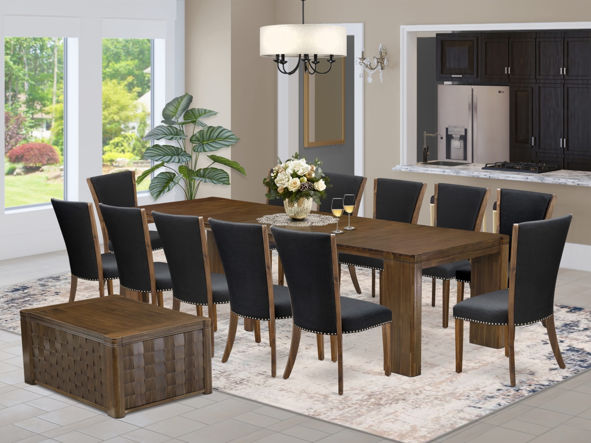 Extendable Dining Set, Antique Walnut - A Rectangle Xtenczar Dining Table 1 Coffee Table & 12 Black Linen Fabric Dining Chairs - 14 Piece