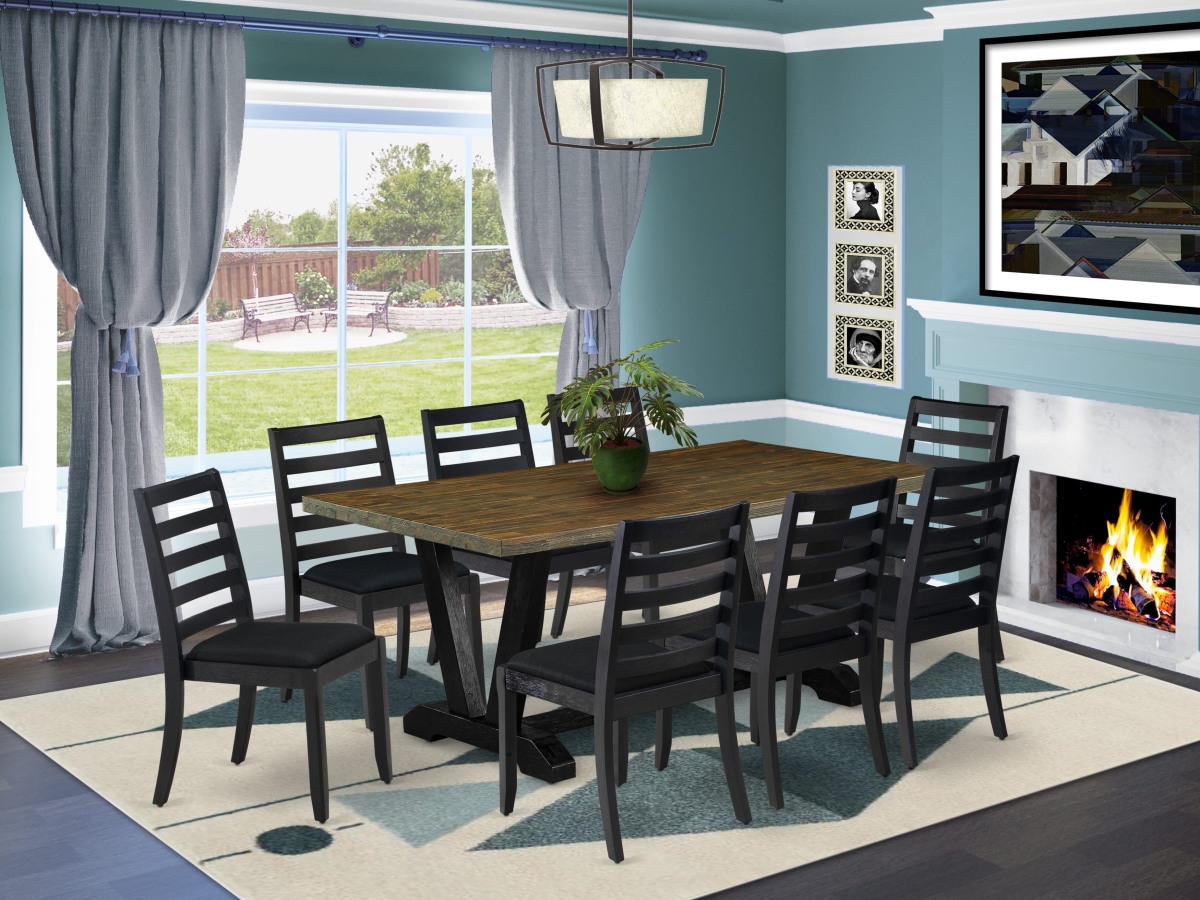 V677X1624-9 Modern Dining Set, Distressed Jacobean - A Dining Table & 8 Stackable Kitchen Chairs with Black Linen Fabric - 9 Piece