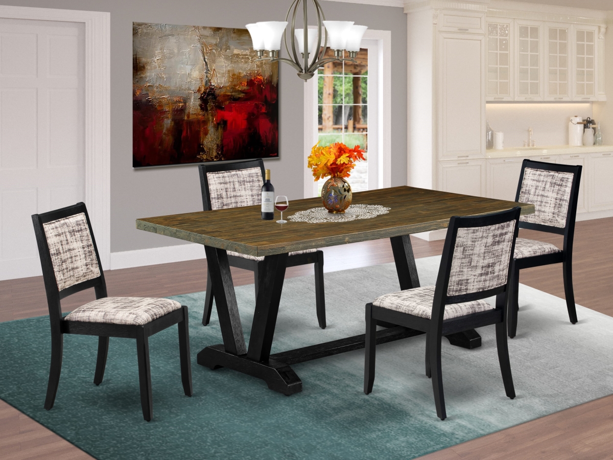V677X2630-5 Dining Set, Distressed Jacobean - A Dining Table & 4 Stackable Chairs with White & Gray Pattern Faux Leather Fabric - 5 Piece