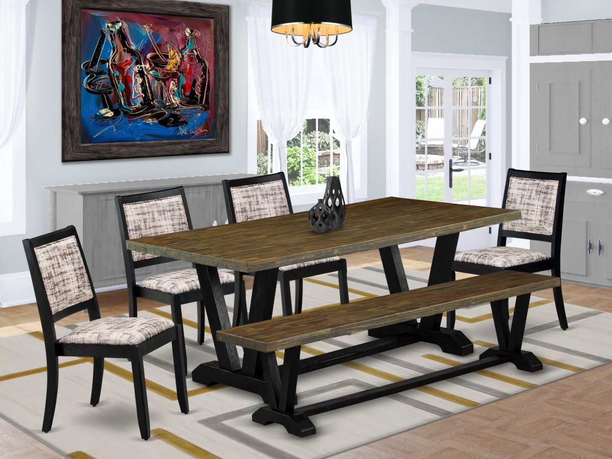 V677X2630-6 A Table A Bench & 4 Stackable Chairs with White & Gray Pattern Faux Leather Fabric Dining Set, Distressed Jacobean - 6 Piece