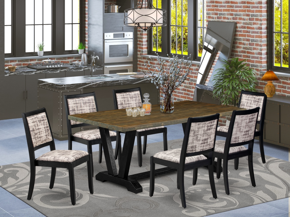 V677X2630-7 Dining Set, Distressed Jacobean - A Dinner Table & 6 Stackable Chairs with White & Gray Pattern Faux Leather Fabric - 7 Piece