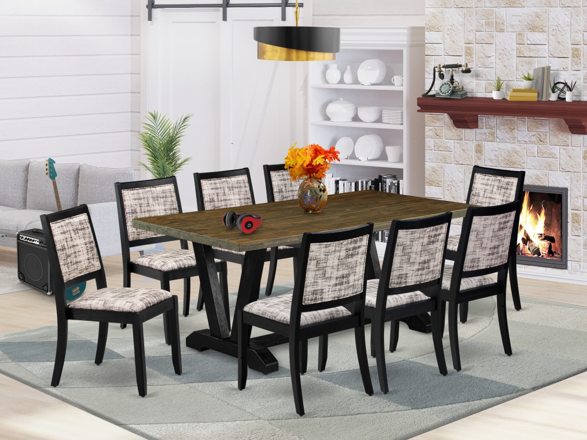 V677X2630-9 Kitchen Set, Distressed Jacobean - A Dining Table & 8 Stackable Chairs with White & Gray Pattern Faux Leather Fabric - 9 Piece