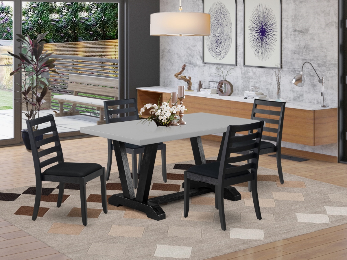 V696X1624-5 Modern Dining Set, Cement - A Breakfast Table & 4 Stackable Chairs with Black Linen Fabric - 5 Piece