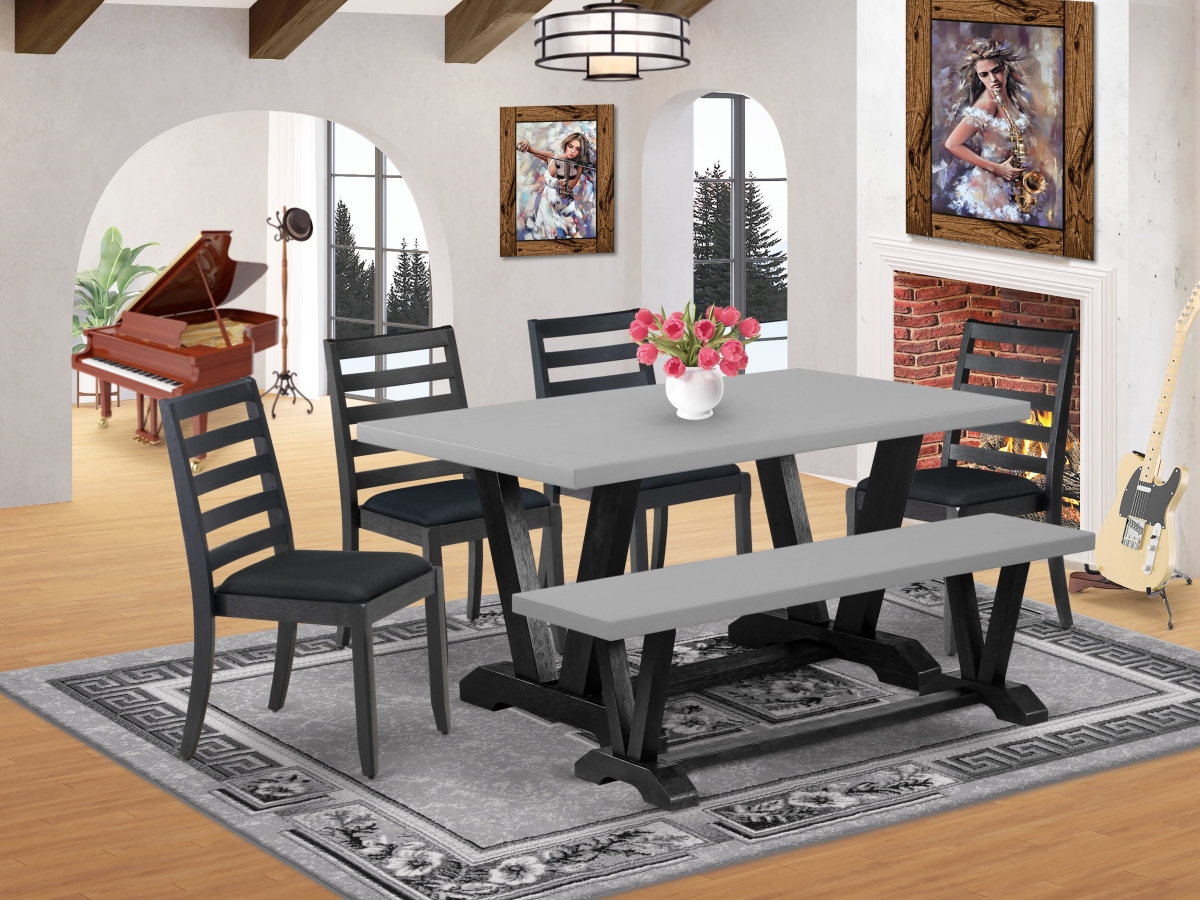 V696X1624-6 Dining Room Set, Cement - A Wooden Table & A Bench & 4 Stackable Chairs with Black Linen Fabric - 6 Piece