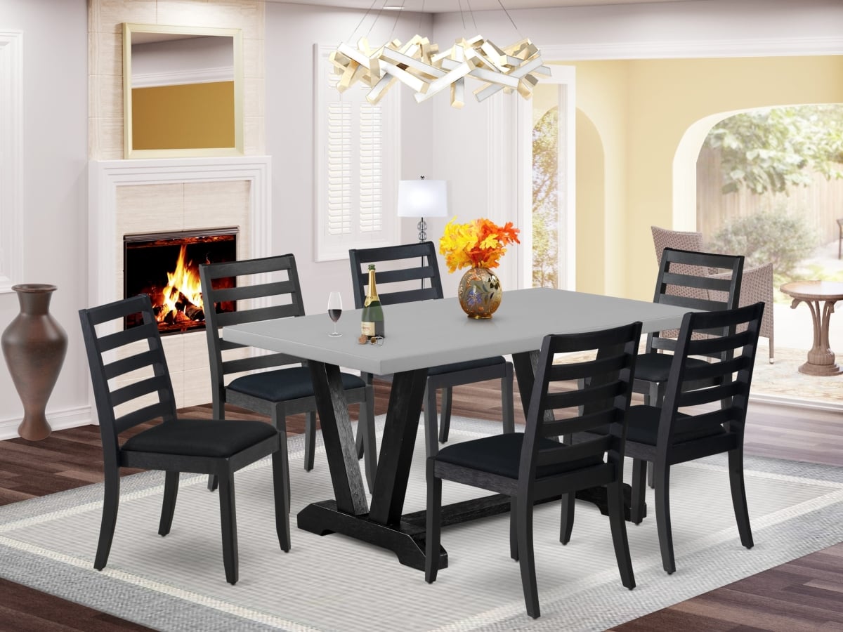 V696X1624-7 Dining Room Set, Cement - A Dining Table & 6 Stackable Kitchen Chairs with Black Linen Fabric - 7 Piece