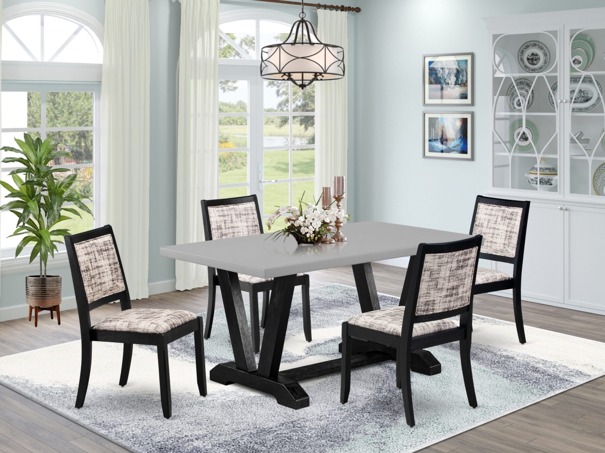 V696X2630-5 A Dinner Table & 4 Stackable Chairs with White & Gray Pattern Faux Leather Fabric Dining Set, Cement - 5 Piece