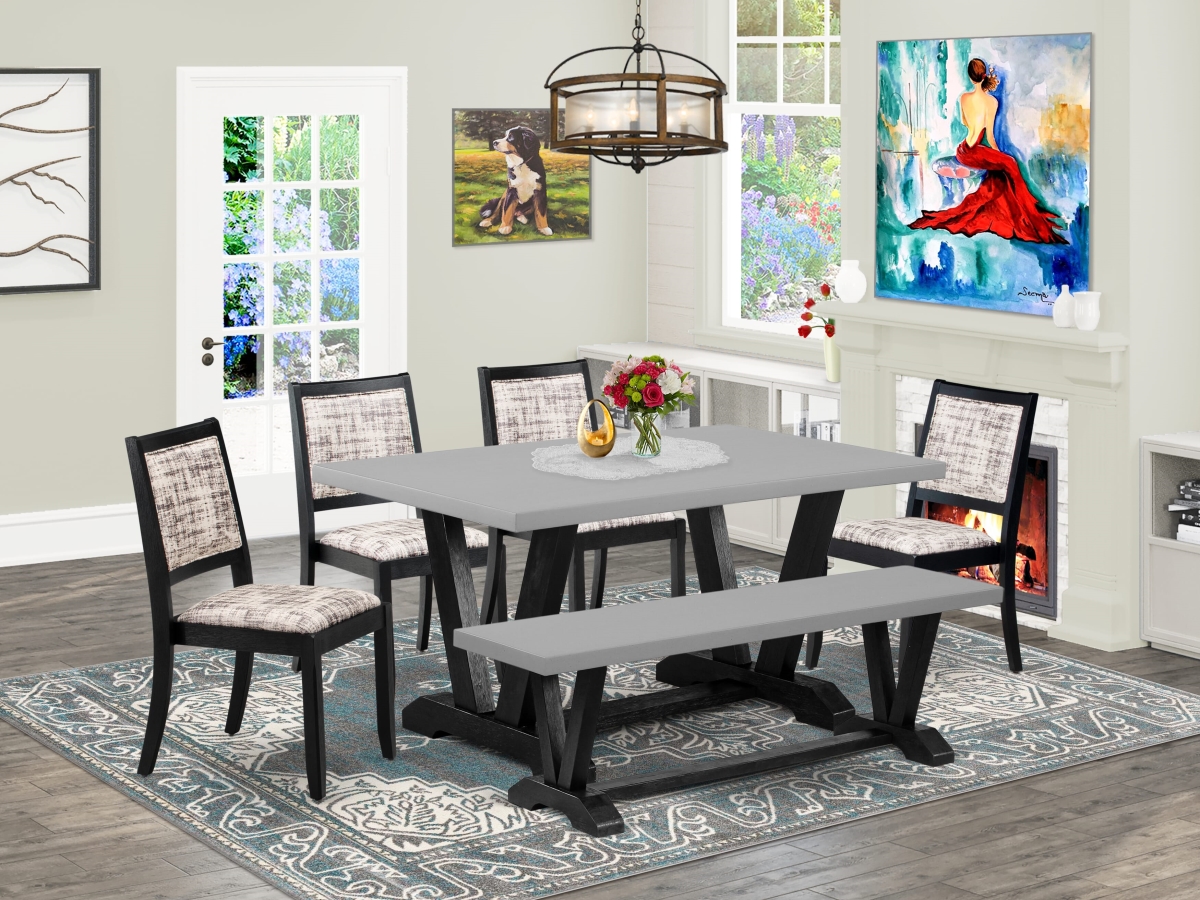 V696X2630-6 Kitchen Set, Cement - A Table A Bench & 4 Stackable Chairs with White & Gray Pattern Faux Leather Fabric - 6 Piece