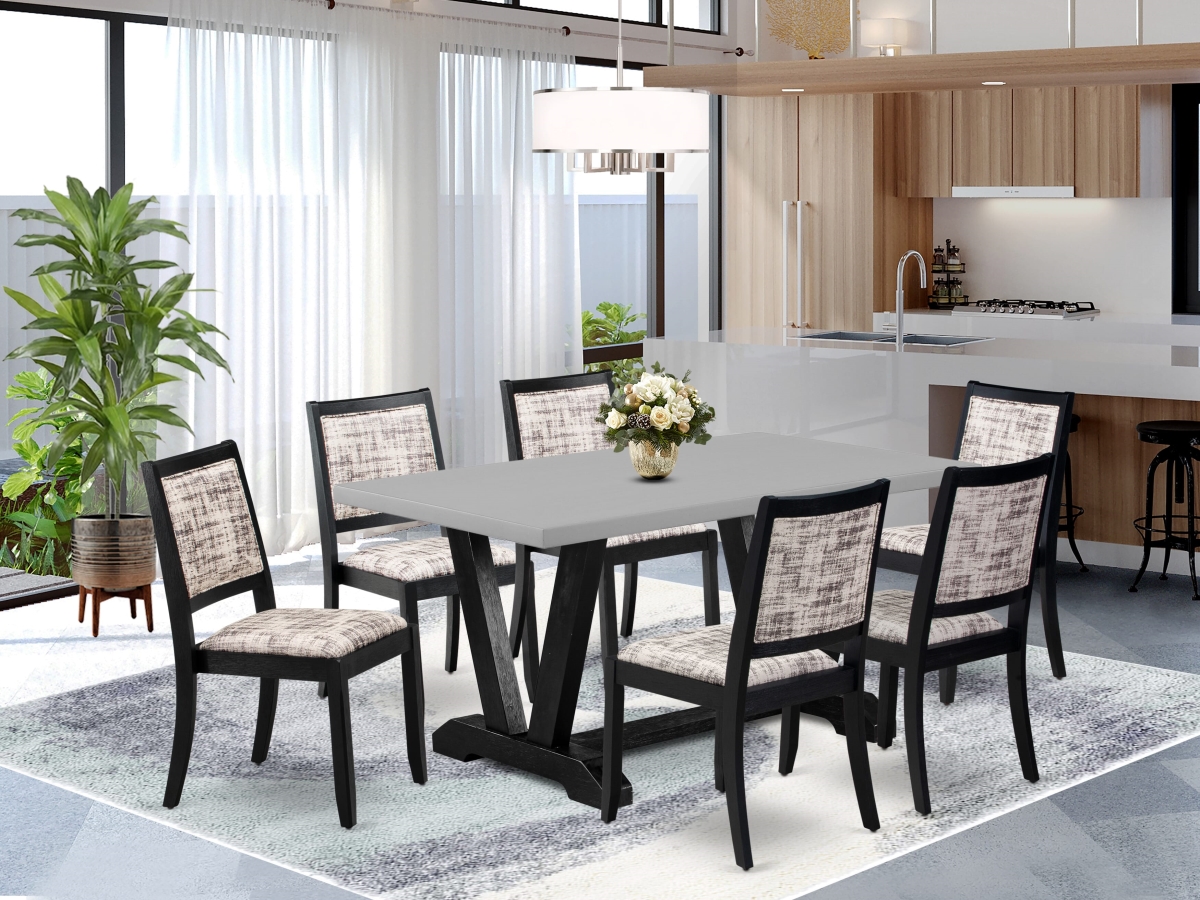 V696X2630-7 Dining Set, Cement - A Dining Table & 6 Stackable Chairs with White & Gray Pattern Faux Leather Fabric - 7 Piece