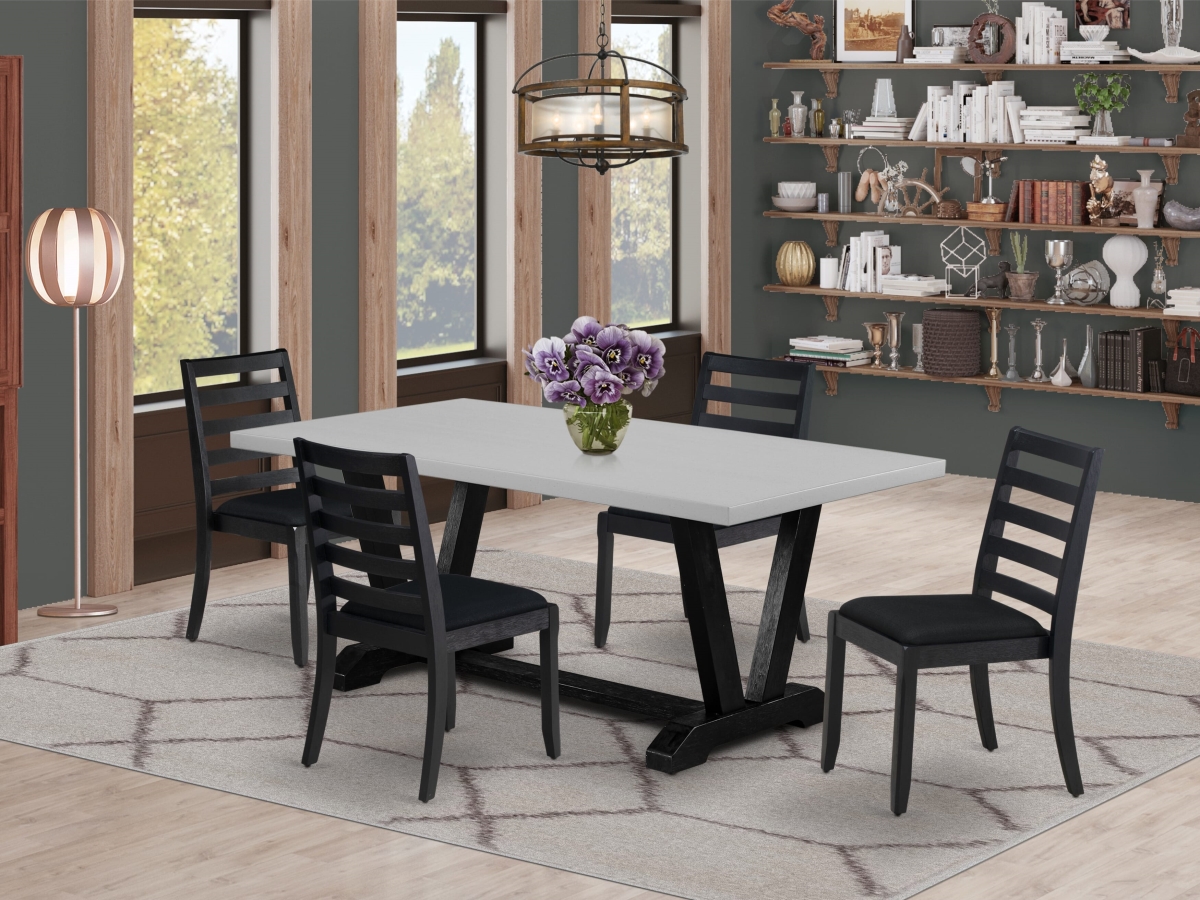 V697X1624-5 Kitchen Table Set, Cement - A Dinner Table & 4 Stackable Dining Chairs with Black Linen Fabric - 5 Piece