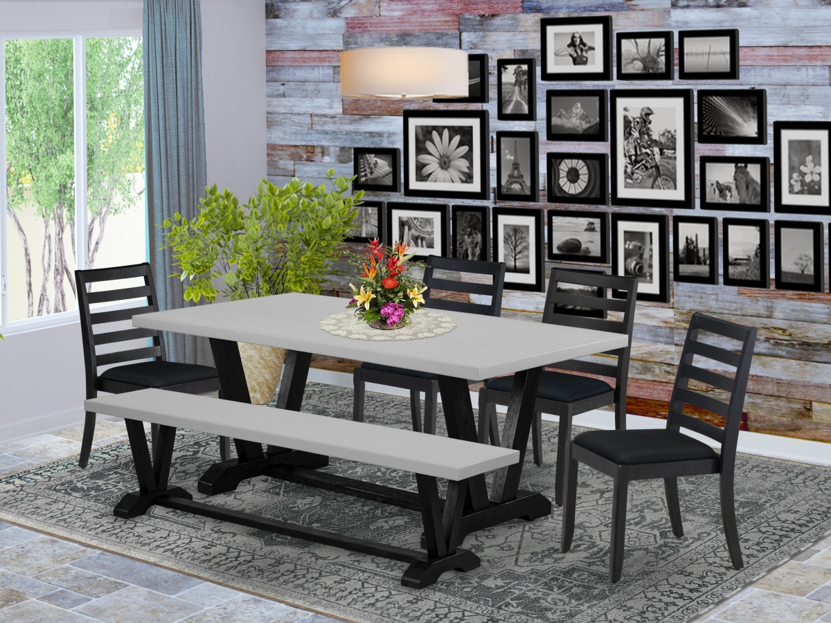V697X1624-6 Dining Set, Cement - A Wooden Table a Bench & 4 Stackable Kitchen Chairs with Black Linen Fabric - 6 Piece
