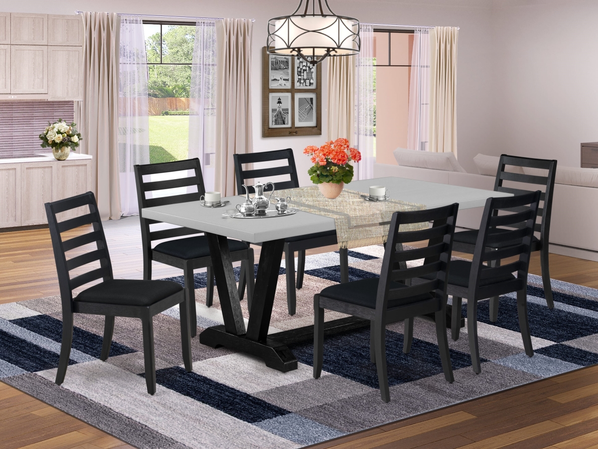 V697X1624-7 Mid Century Kitchen Set, Cement - A Wooden Table & 6 Stackable Chairs with Black Linen Fabric - 7 Piece