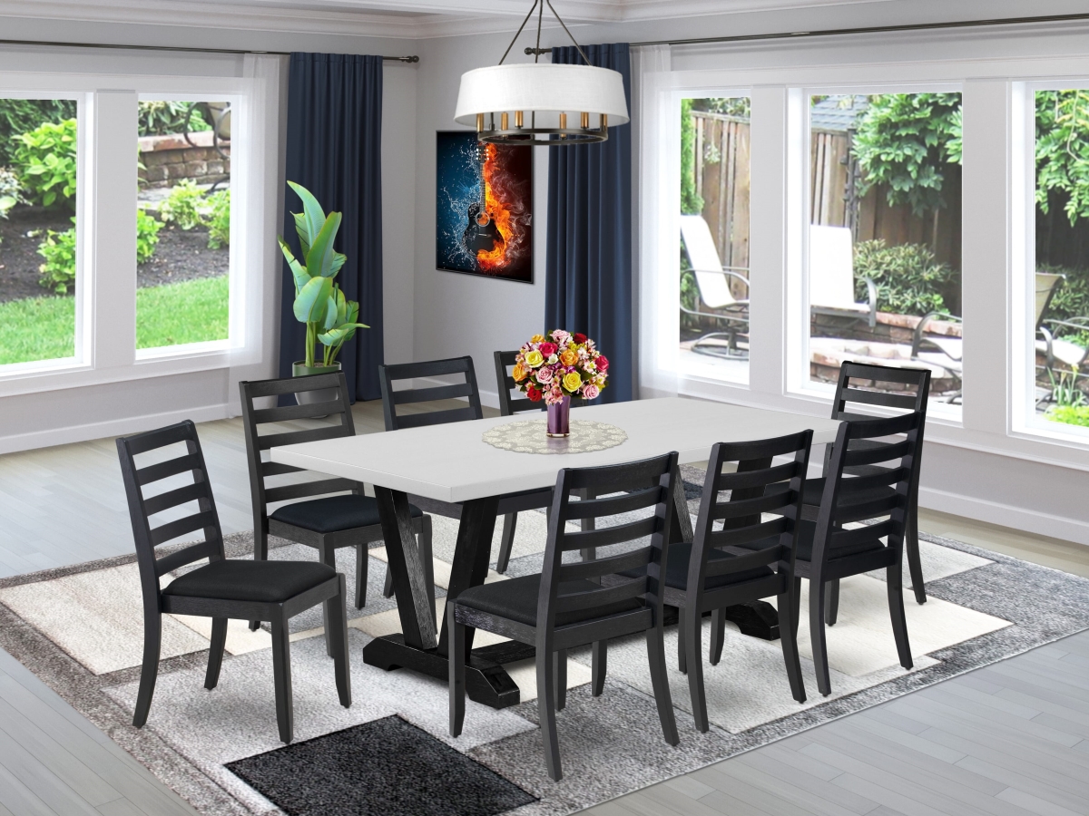 V697X1624-9 Dining Room Set, Cement - A Wooden Table & 8 Stackable Kitchen Chairs with Black Linen Fabric - 9 Piece