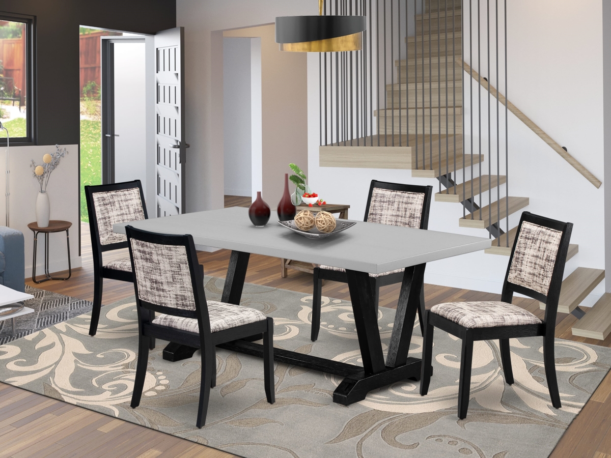 V697X2630-5 Dining Set, Cement - A Dinner Table & 4 Stackable Chairs - White & Gray Pattern Faux Leather Fabric - 5 Piece