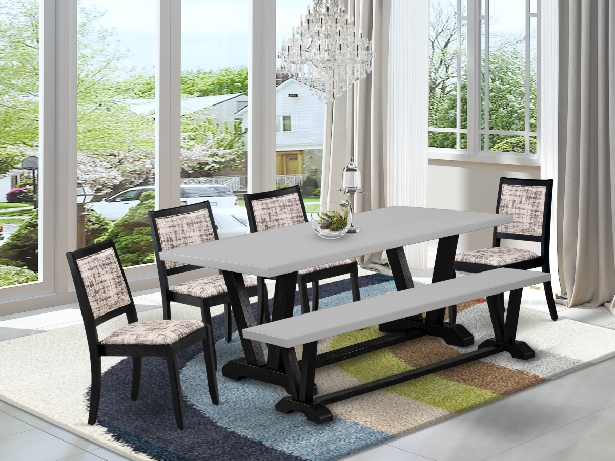 V697X2630-6 Dining Set, Cement - A Table a Bench & 4 Stackable Chairs - White & Gray Pattern Faux Leather Fabric - 6 Piece