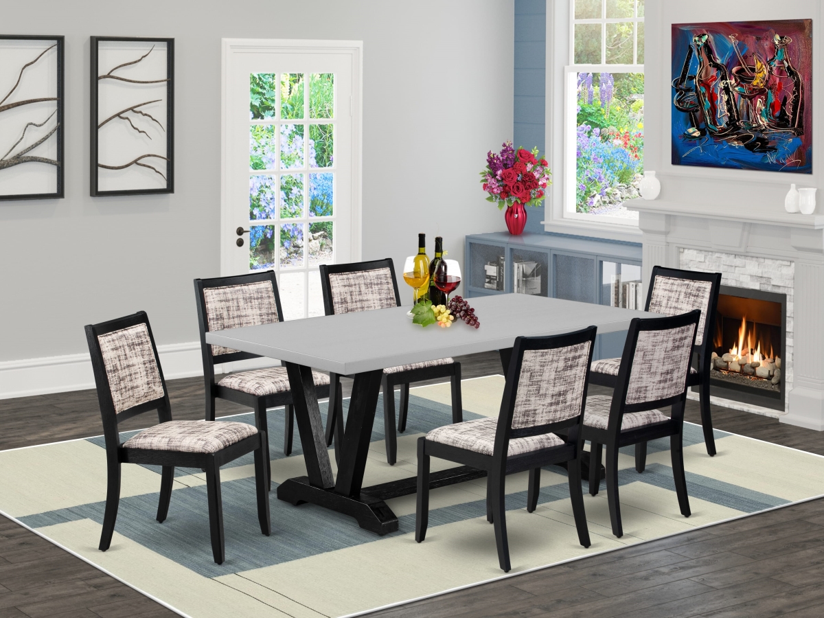 V697X2630-7 Dining Set, Cement - A Kitchen Table & 6 Stackable Chairs with White & Gray Pattern Faux Leather Fabric - 7 Piece