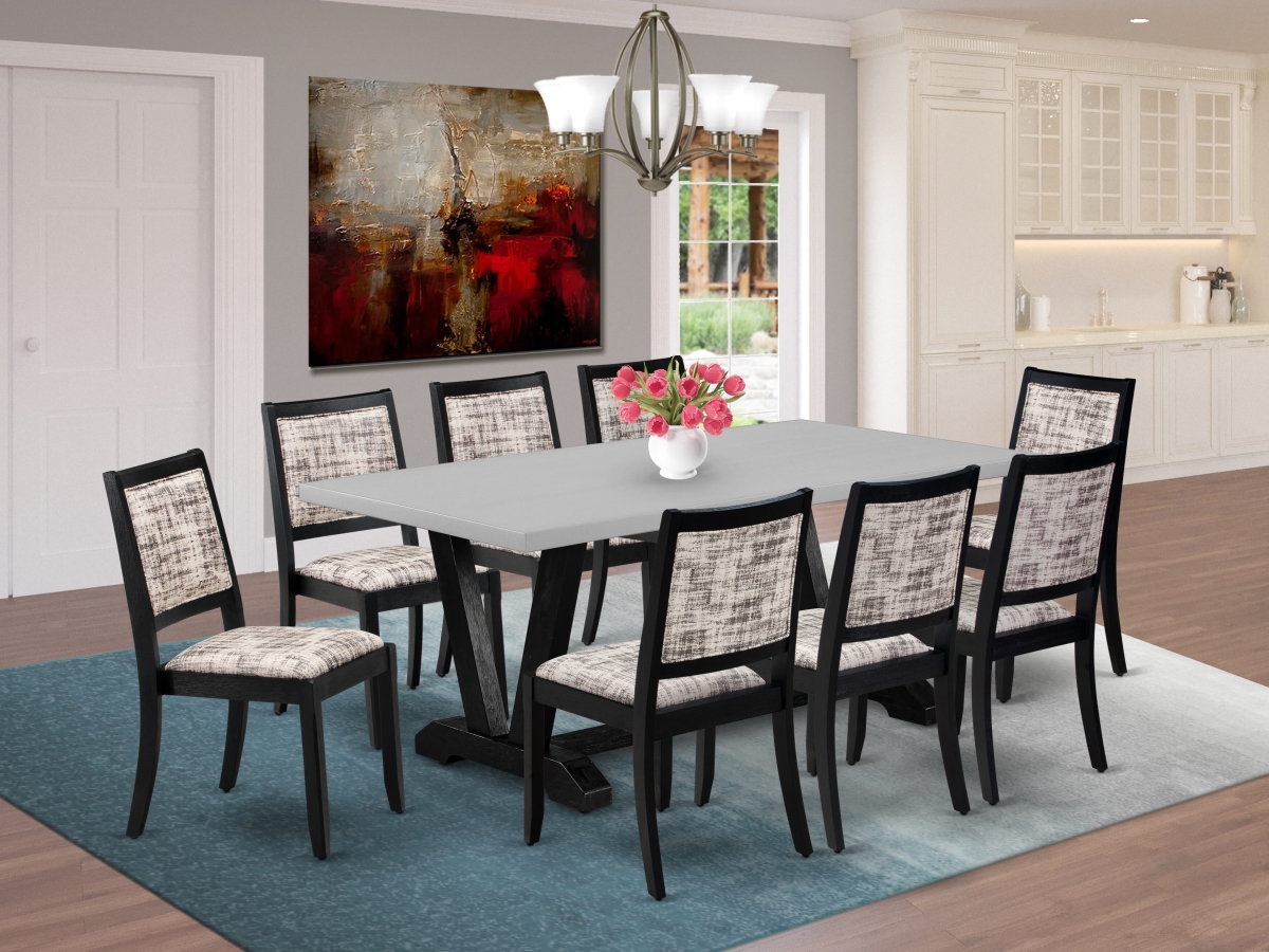 V697X2630-9 Kitchen Set, Cement - A Dining Table & 8 Stackable Chairs with White & Gray Pattern Faux Leather Fabric - 9 Piece
